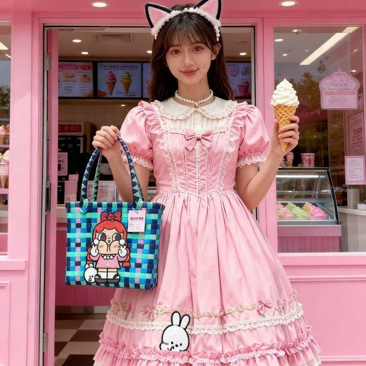 26年新款大款手工编织手提包可爱卡通外出手提挎包生日零食包白底实物图