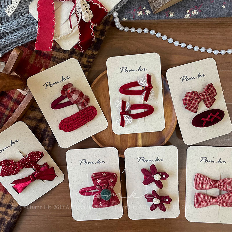 New Korean-style red bow hair clips, children's fabric handcrafted side fringed bangs clips, sweet edge clips for girls, Pom.kr wine red bow hair clips, check polka dot multiple styles, sweet daily life for girls in autumn and winter Specification image