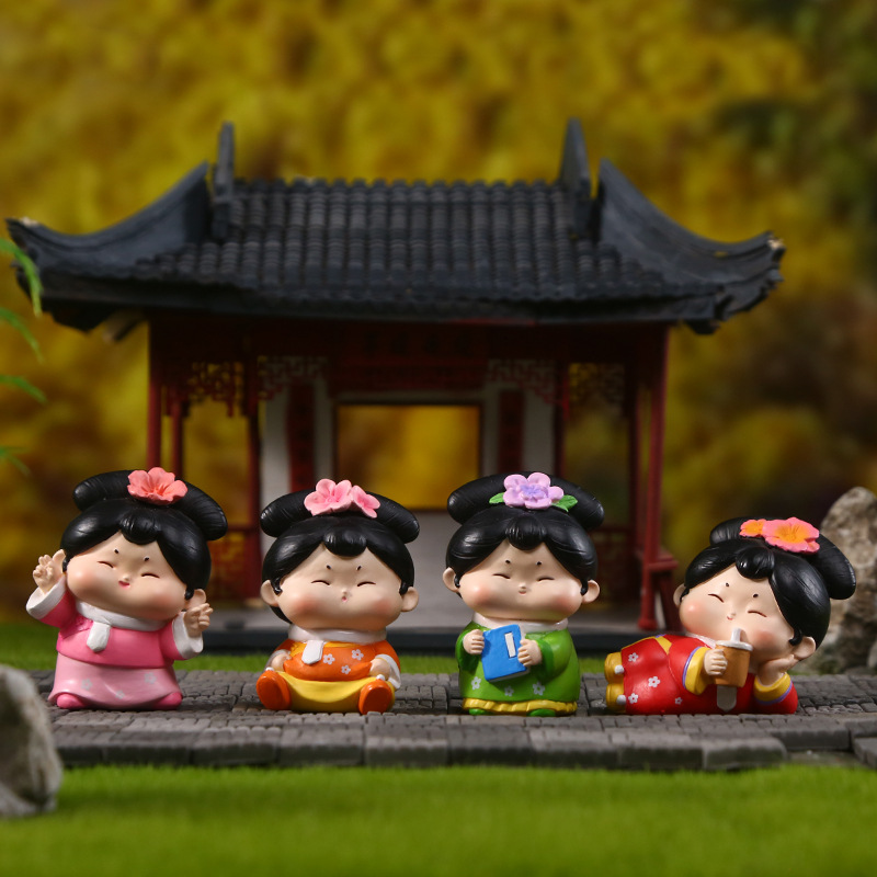 Ancient-style sugar grid figurine, cute desktop resin figurine, Chinese-style cute and fun design sugar grid resin handicraft