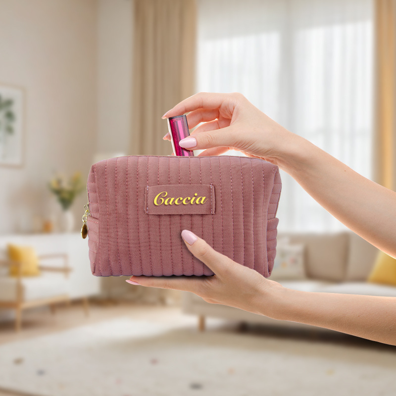 Cross-border bestseller plush makeup bag, high appearance level striped skin care and cosmetics storage bag details Picture