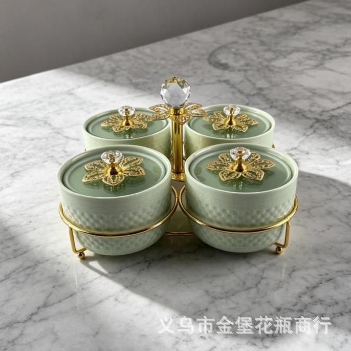 High-quality appearance level four-compartment ceramic snack can, crystal handle nut storage box, wedding souvenir fruit box supply