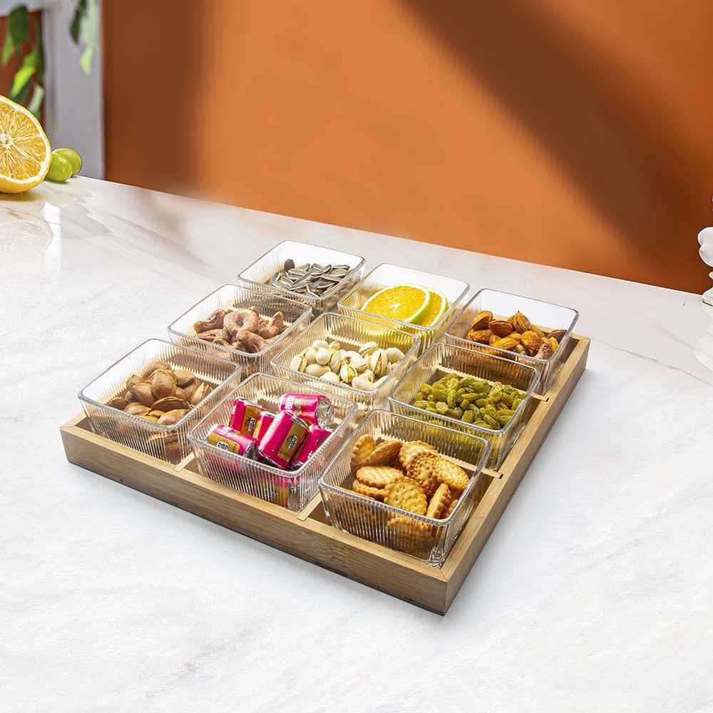 Square vertical pattern fruit plate, glass bowl, light luxury home creative separated snack platter, snack dried fruit plate, wooden plate