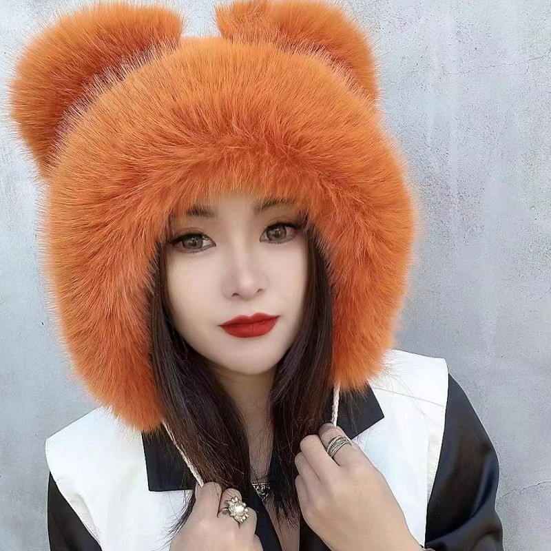 New cute bear-ear hats imitating fox fur autumn and winter hats, women's winter fur hats, stylish ski caps for warmth Specification image