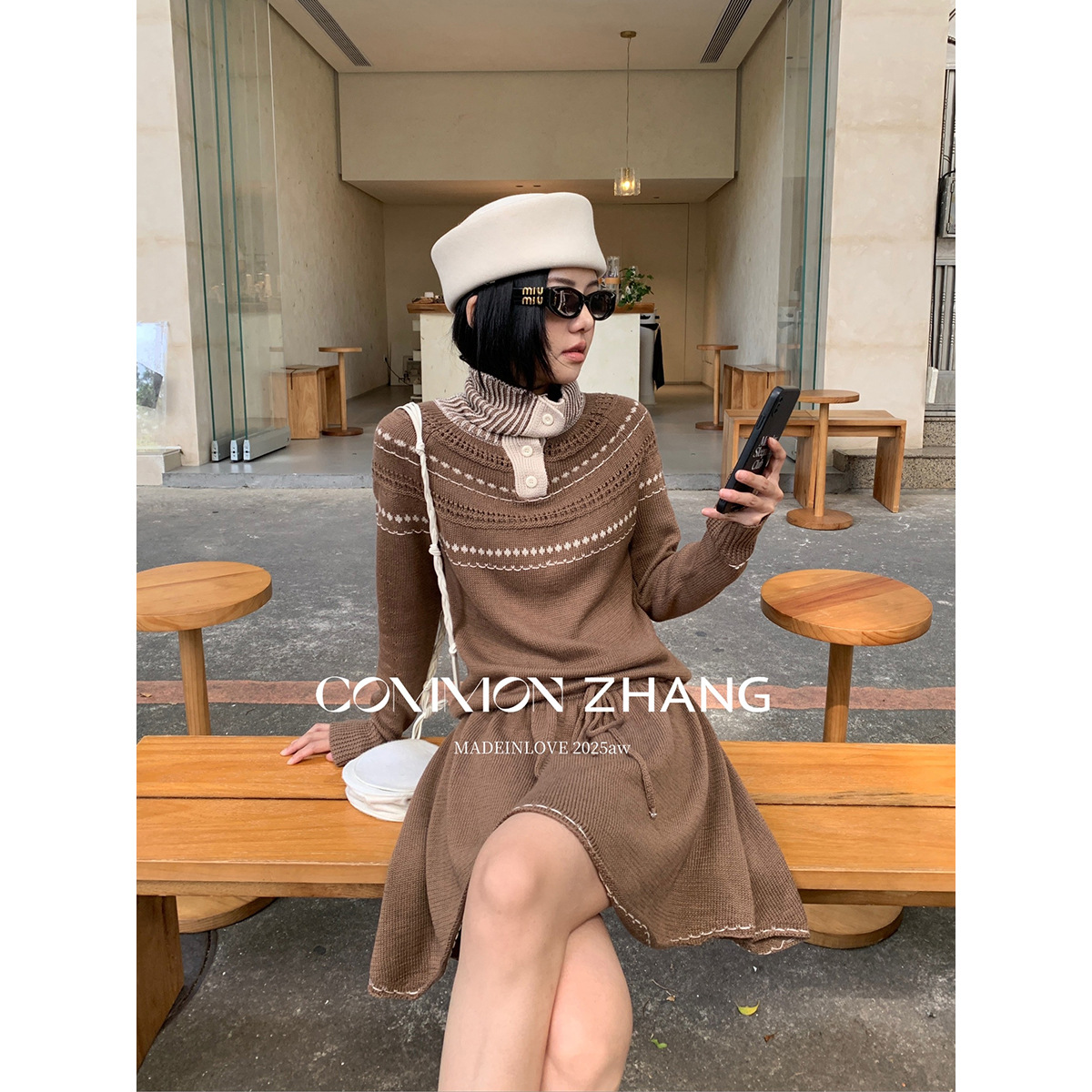 CZZHANG秋冬假两件高领羊毛针织连衣裙女甜美撞色拼接短裙B45282