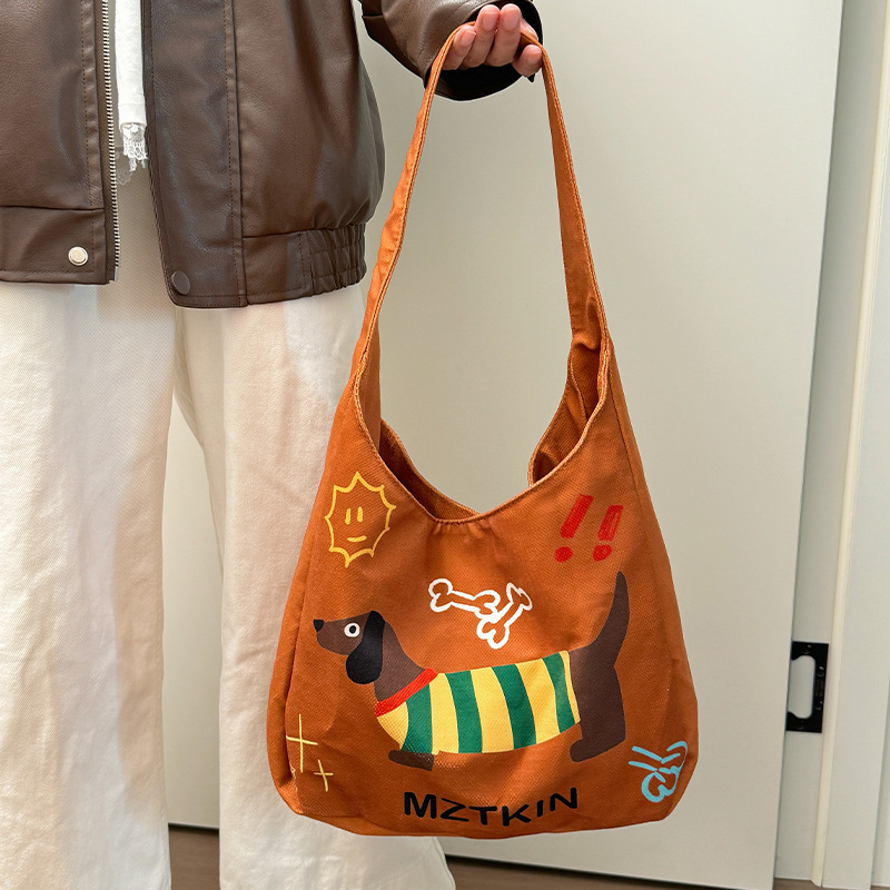 帆布腊肠狗手拎包大容量托特包可爱斜挎水桶包便携手提校园单肩包