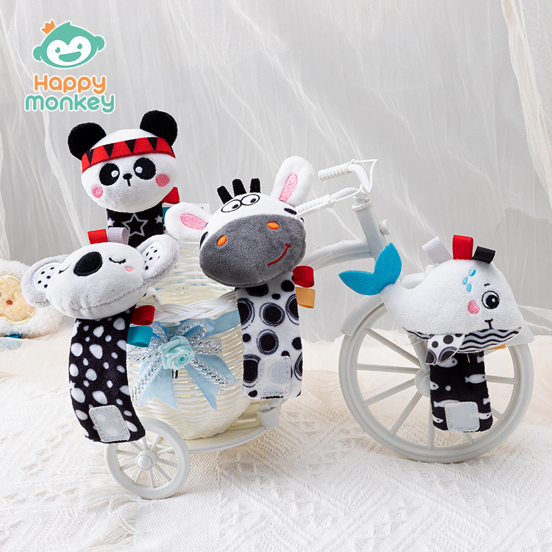 Happymonkey Black and White cartoon animal watch with wrist strap and rattle baby toy for newborns details Picture