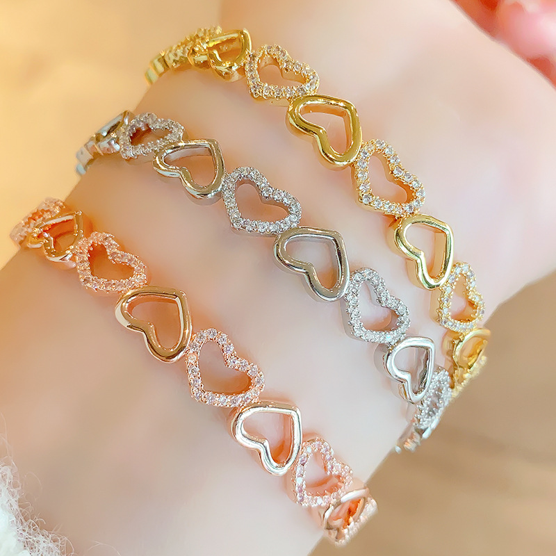 French light luxury hollowed-out heart bracelet, 18k real gold jewelry, open heart bracelet