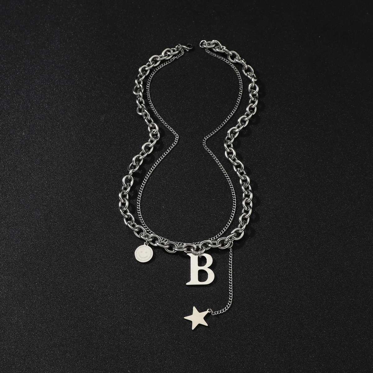 Cross-border supply titanium steel B-shaped double-layer necklace, couple necklace, NK chain punk hiphop stainless steel necklace details Picture