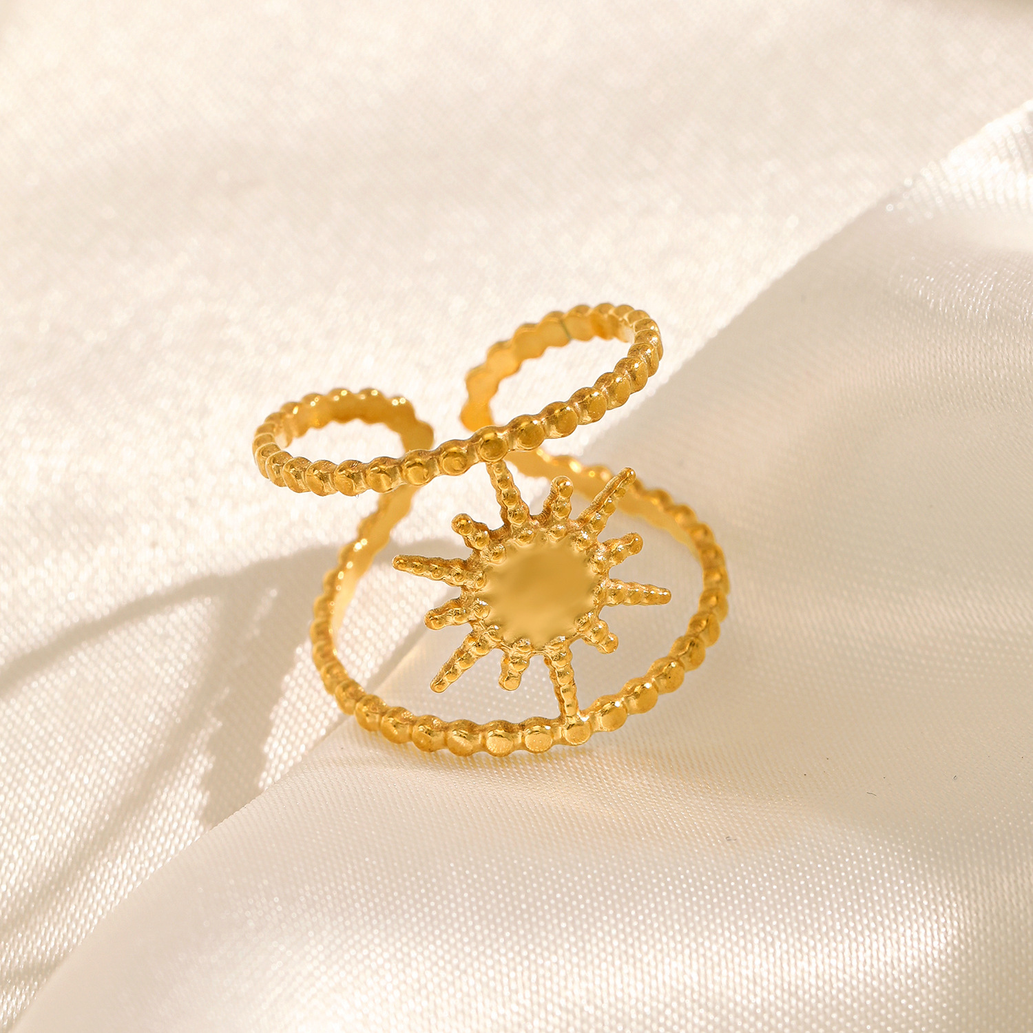 European and American exaggerated stainless steel octagonal star ring for women, adjustable opening, 18K real gold electroplated titanium steel ring