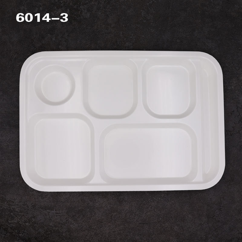 Canteen fast food plates, melamine tableware, rectangular six-compartment plates, A5 imitation porcelain Chinese plates, compartments plate manufacturer wholesale Application Scenario