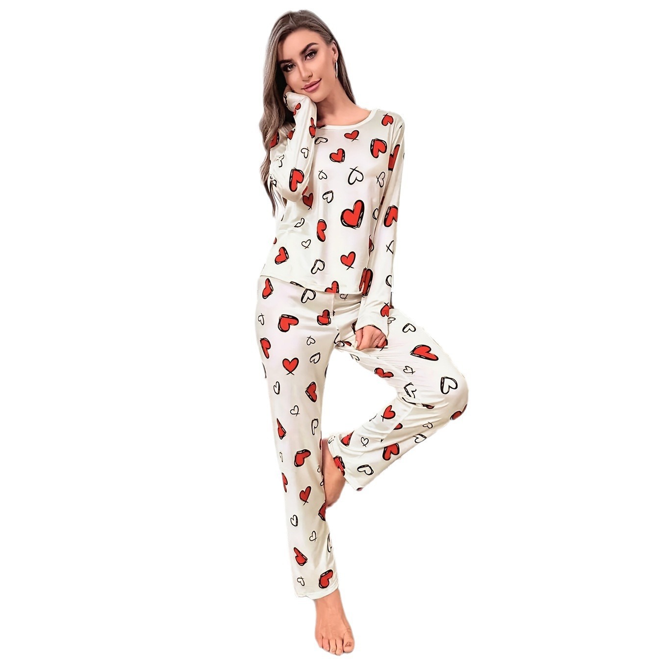 The new TEMU women's heart-shaped printed long-sleeved and long pants pajama set for cross-border sales to Europe, America and Russia in 2025 Item Picture