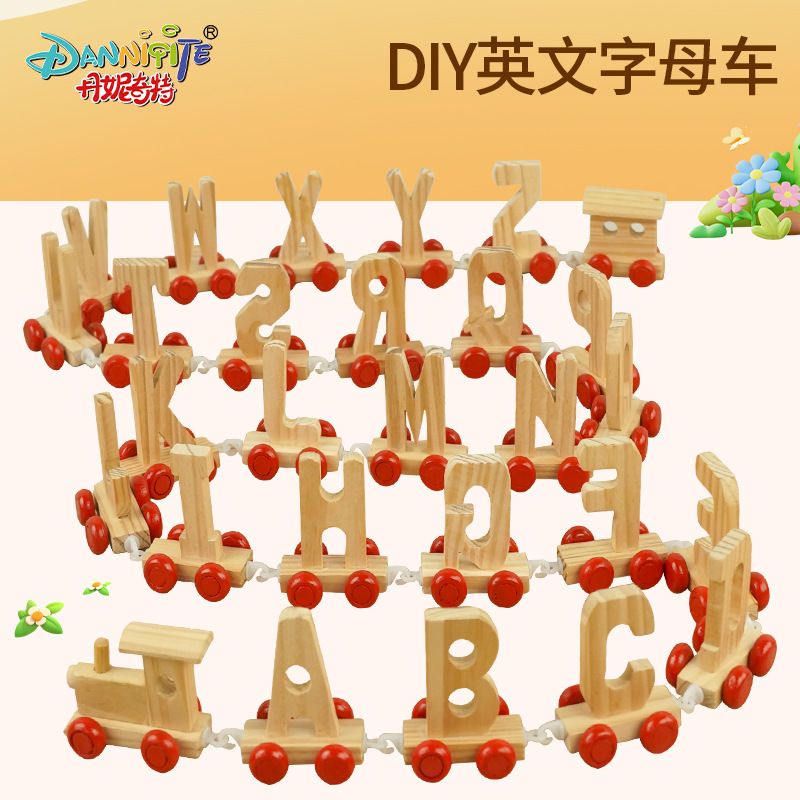Children's wooden DIY 26-letter car assembly and combination early education wooden towing intelligence building block toy car