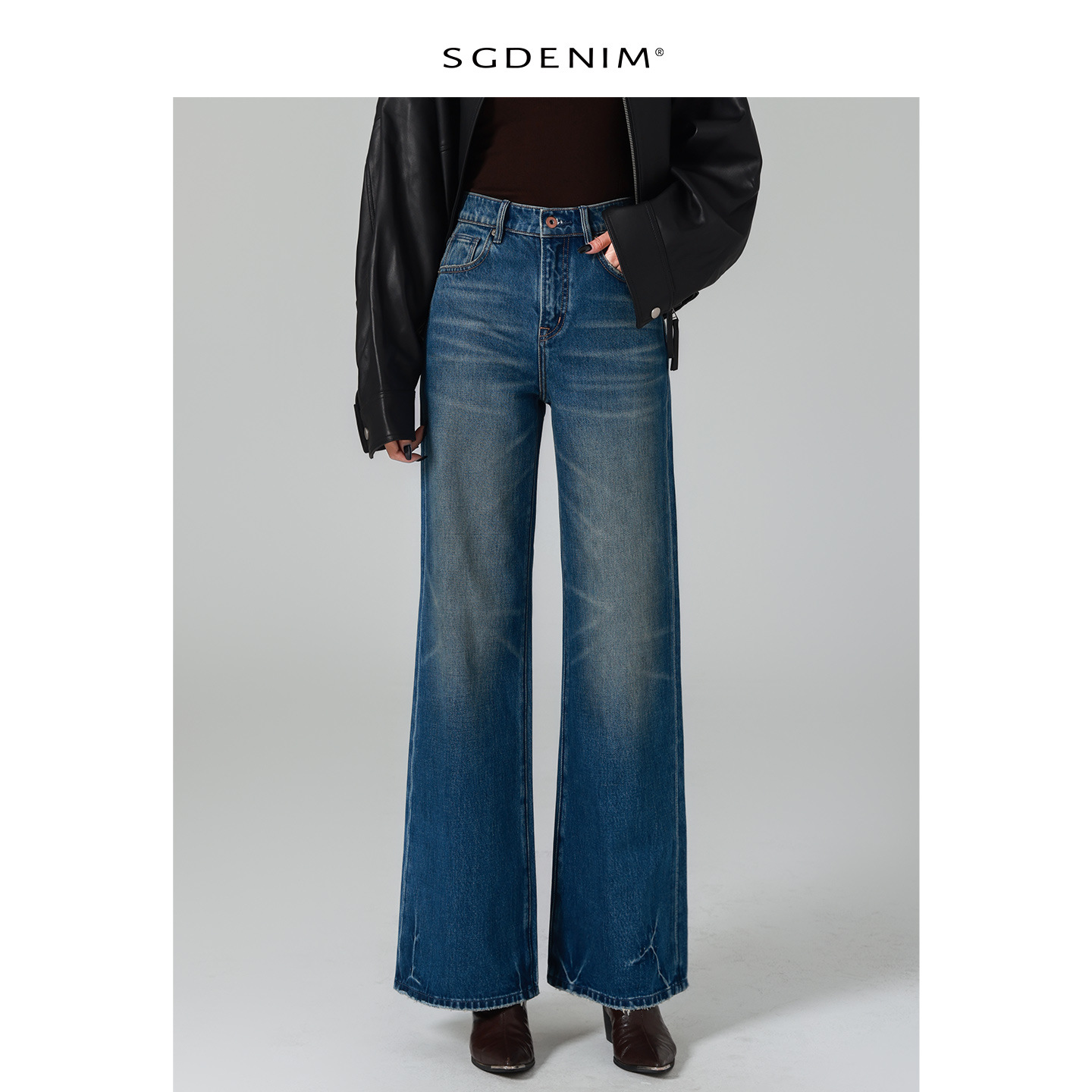 Long-legged big bull/High-waisted jeans for women, loose, slightly flared wide-leg pants, retro feng shui wash, 25 autumn and winter new trend details Picture