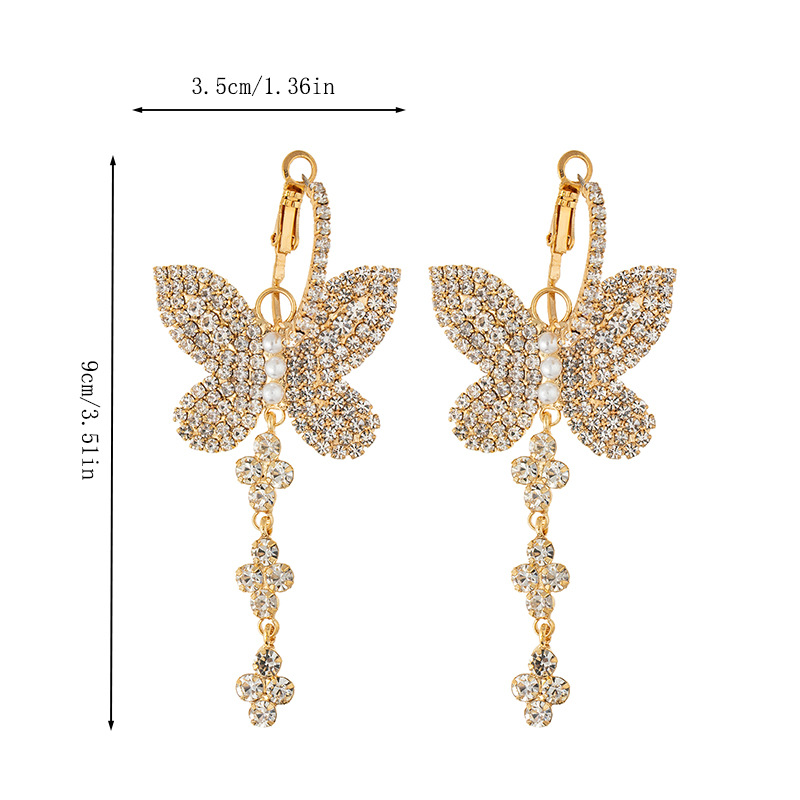 European and American fashion style diamond-encrusted butterfly long tassel earrings, high-end, grand, elegant, exaggerated and versatile earrings Specification image