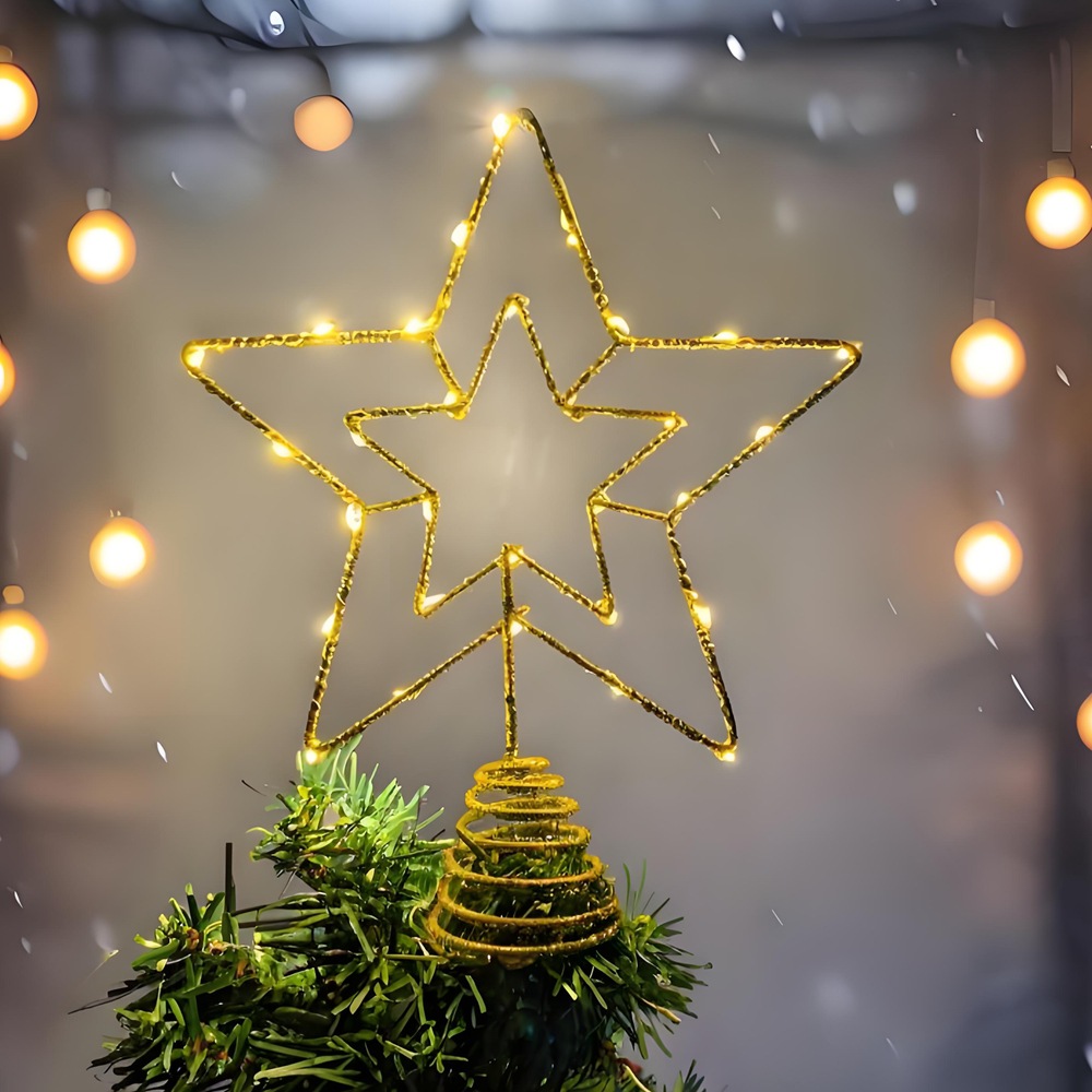 The new cross-border Christmas decoration, the tree top Star, creates an atmosphere. The ironwork light with a five-pointed star is sprinkled with powder and glows Application Scenario