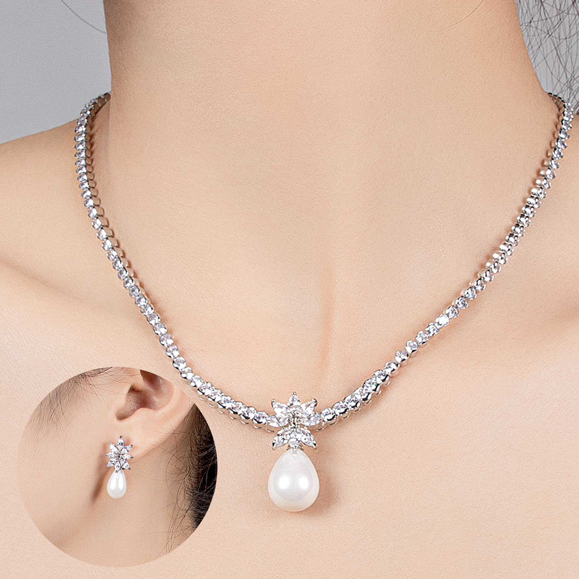 Crossover explosión estilo europeo y americano clavícula color café imitación collar de perlas pendientes conjunto simple de una sola capa micro zirconia collar de joyería joyería de moda LYTJ29855