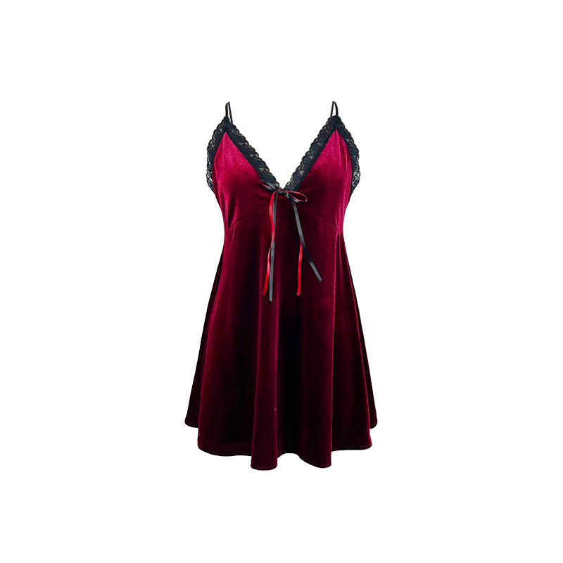Retro velvet pearl chain backless nightgown for women, sexy deep V lace bow, multi-color home wear 987 Item Picture