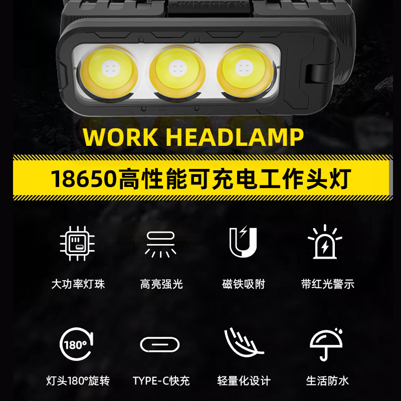Cross-Border High-Intensity Led Headlamp, Magnetic Attraction, Electric Display, Rotatable Adjustment, Outdoor Work Light, Adventure Warning, Multi-Functional Headlamp details Picture