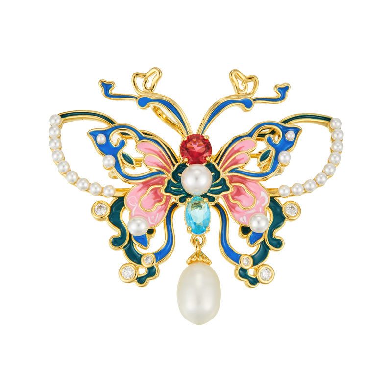 Exquisite national trend enamel butterfly pearl brooch with a fashionable and high-end feel, copper alloy inlaid zircon dress brooch Item Picture