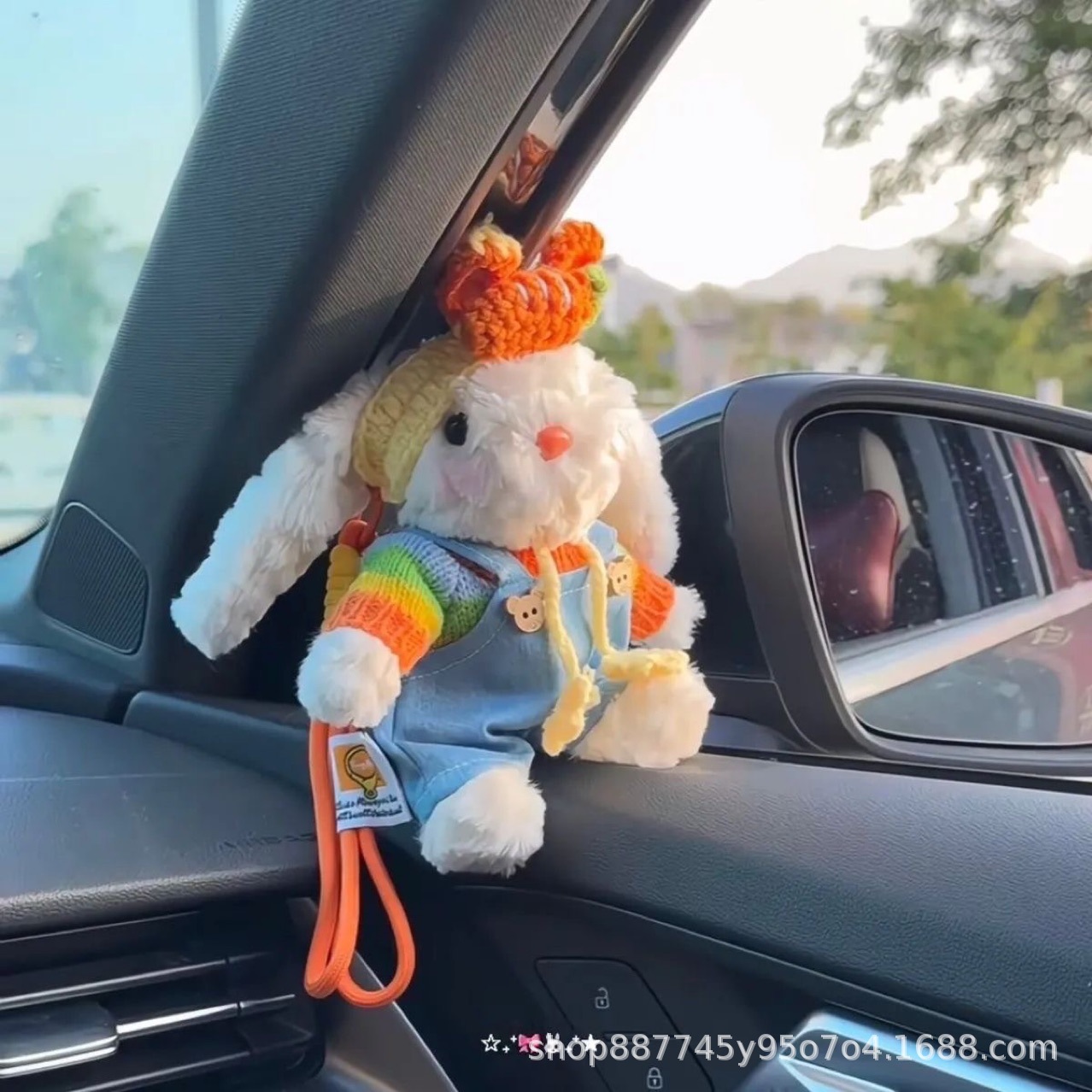 Rainbow carrot overalls, ear-hanging rabbit bag pendant, cartoon cute plush toy keychain as a gift details Picture