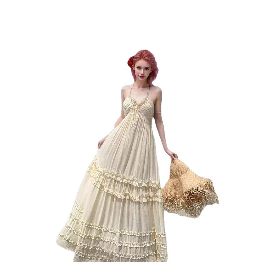 Cross-border 2025 New seaside vacation style sleeveless halter dress, loose backless design long dress for export Item Picture