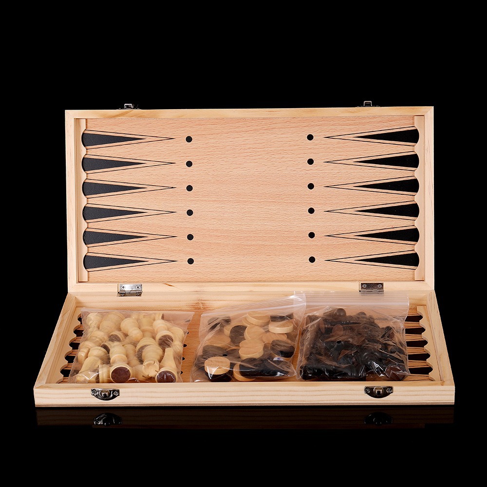 Wooden chess three-in-one multi-functional checkers backgammon board game toys and entertainment cards in various sizes details Picture