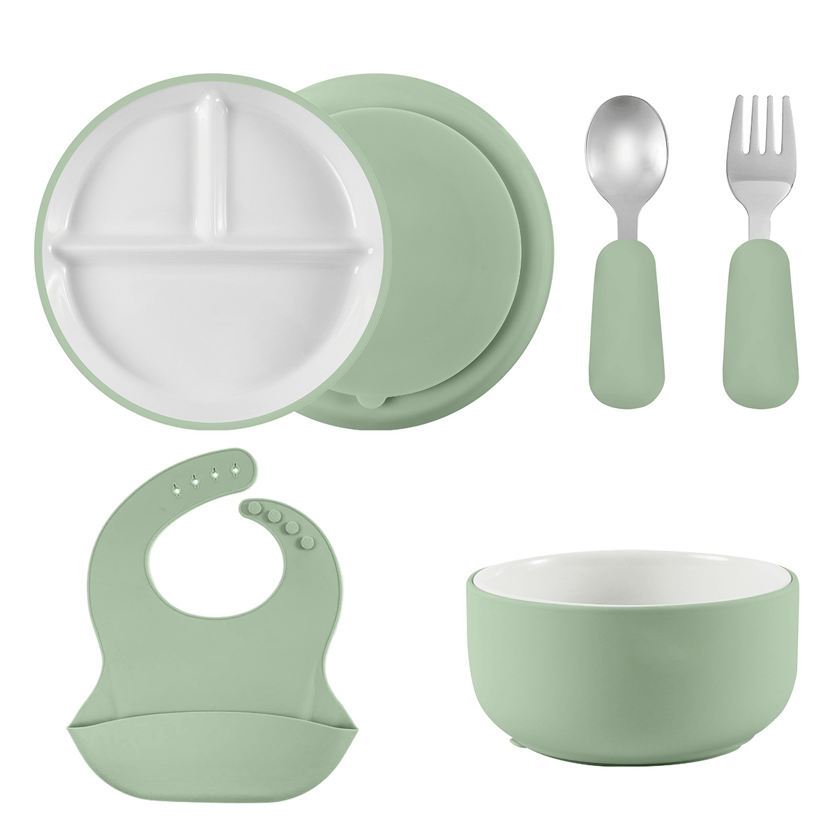 Wholesale of cross-border best-selling children's complementary food ceramic silicone plates, bowls, forks, spoons, bibs, and durable ceramic feeding sets details Picture
