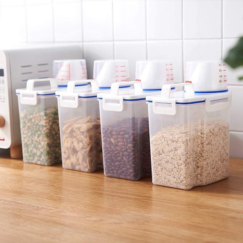Factory direct sales of portable rice buckets with measuring cups, transparent anti-insect and moisture-proof kitchen storage jars, and sealed jars for grains and cereals details Picture