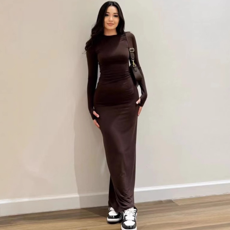 ins cross-border foreign trade European and American finger buckle solid color round neck long-sleeved dress, figure-hugging and slimming long dress, trendy for women Application Scenario