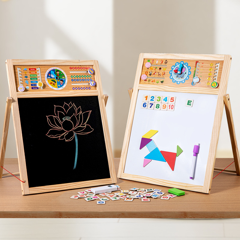 Wooden educational learning toys, multi-functional drawing and writing board, wooden children's writing board, double-sided magnetic drawing board for doodling details Picture