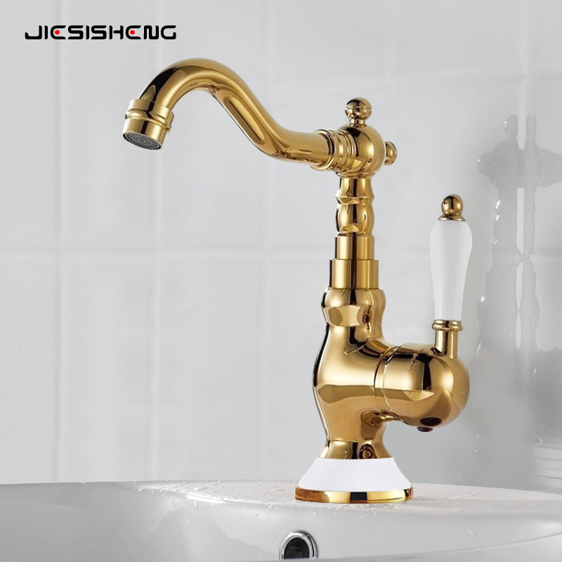 French brass vintage faucet, kitchen, home, bathroom cabinet, washbasin, hot and cold splash-proof faucet, gold details Picture