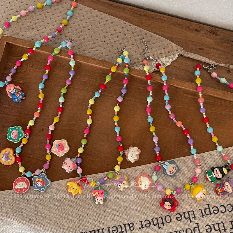 新款韩系卡通彩色珠珠项链手作儿童树脂草莓女孩挂脖饰品配饰趣萌女多彩串珠卡通形象吊坠项链 童系 多款可爱造型少女心装饰颈