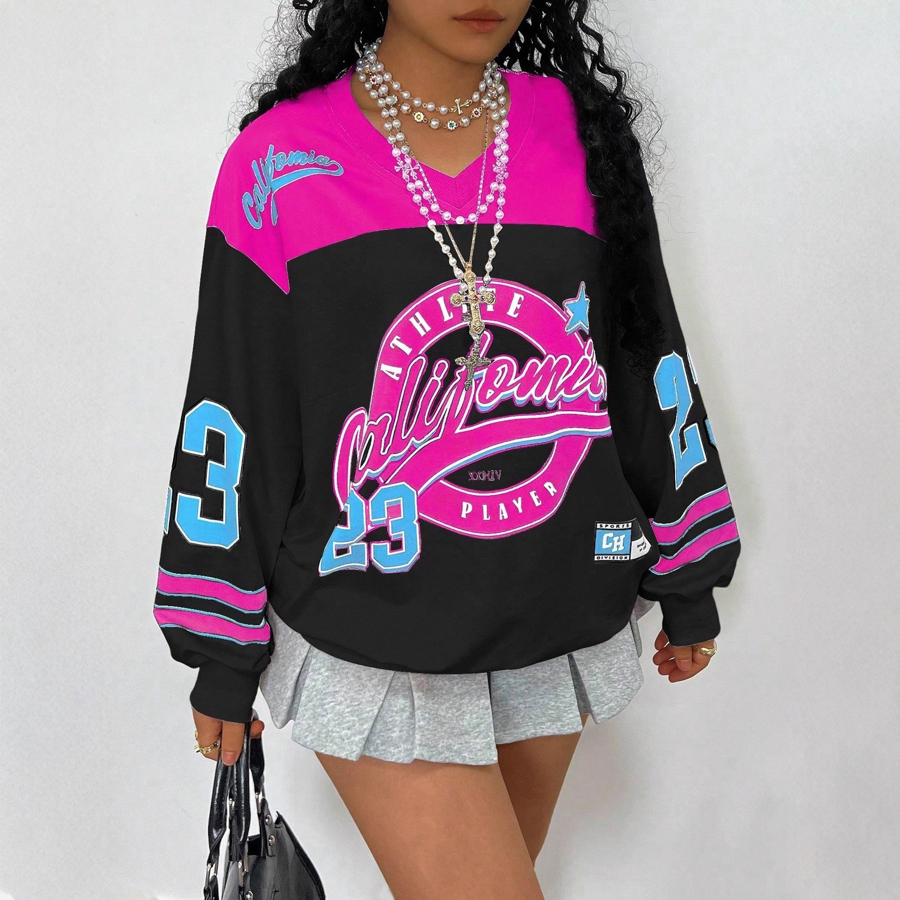 American early autumn long-sleeved casual loose sporty V-neck hoodie with contrasting color words mother-daughter autumn comfortable printed top