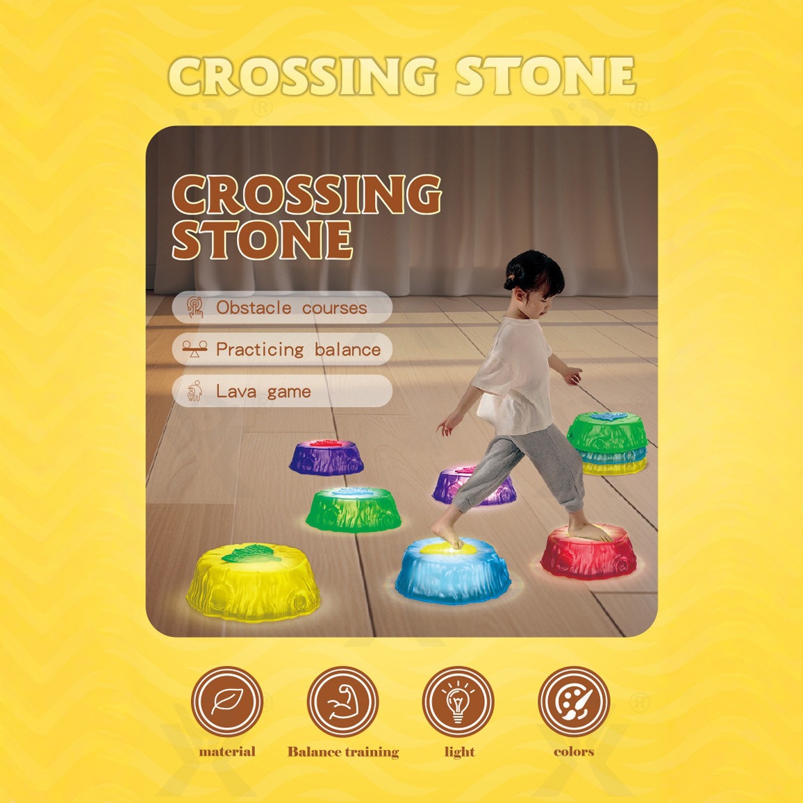 外贸儿童感统训练过河石带灯光彩虹感统平衡板过障碍游戏跳跃玩具