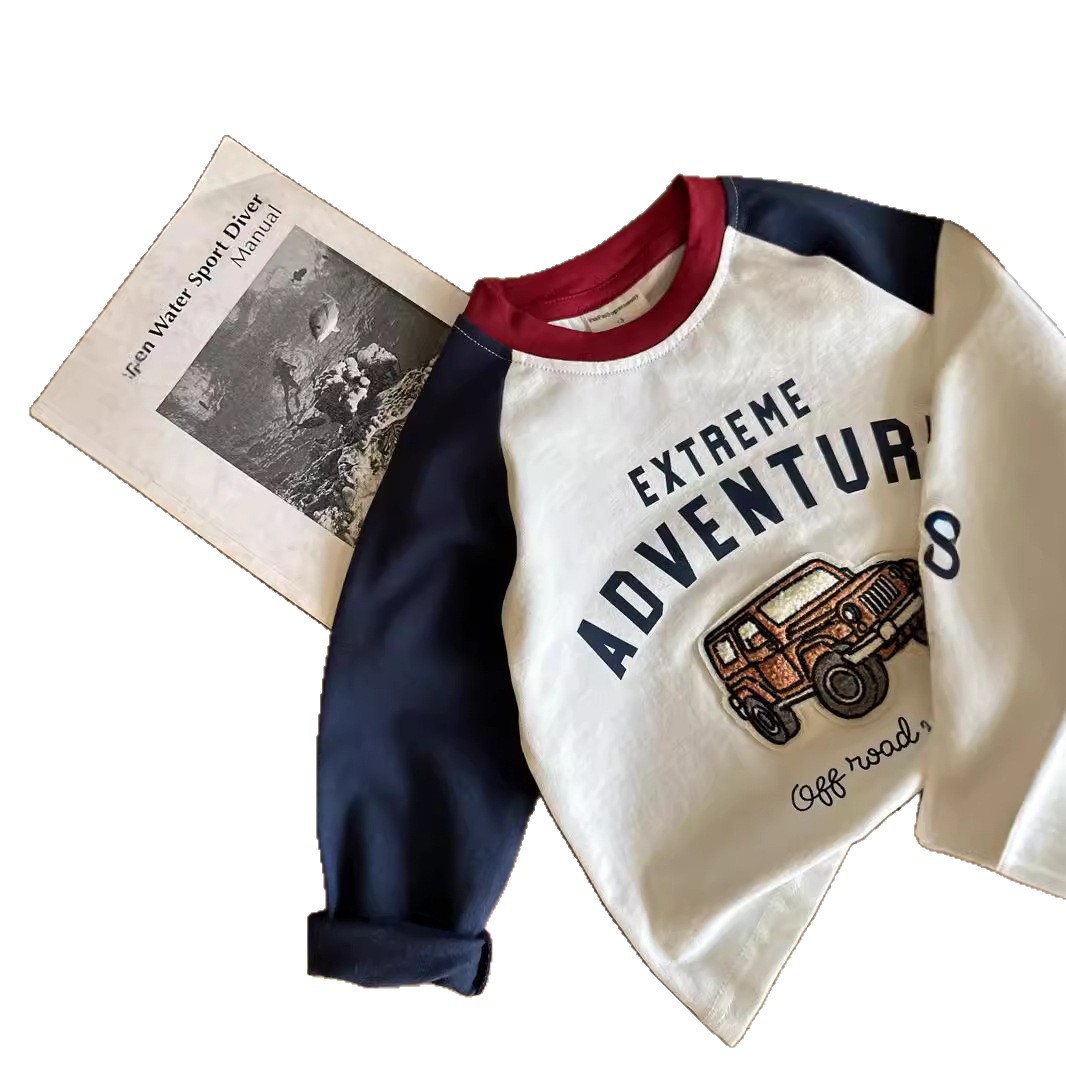 Children's T-shirts 2025 Spring and Autumn Collection: Cartoon all-cotton T-shirts for Boys, stylish color-blocked shoulder sleeve base shirts for boys and girls wholesale Item Picture