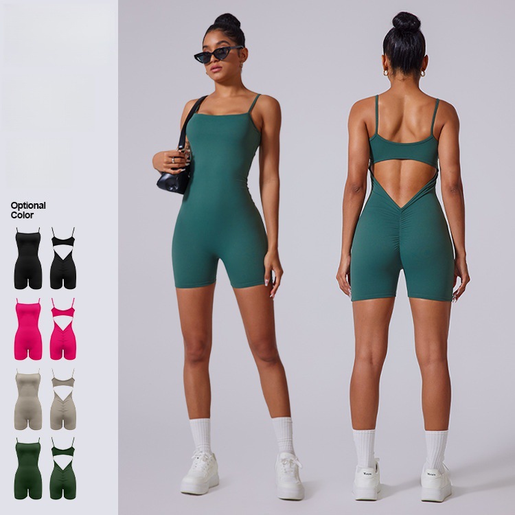 Cross-border one-piece suit with thin shoulder and back, short shorts, one-piece suit with hollowed-out V-waist and pleated yoga one-piece suit full figure