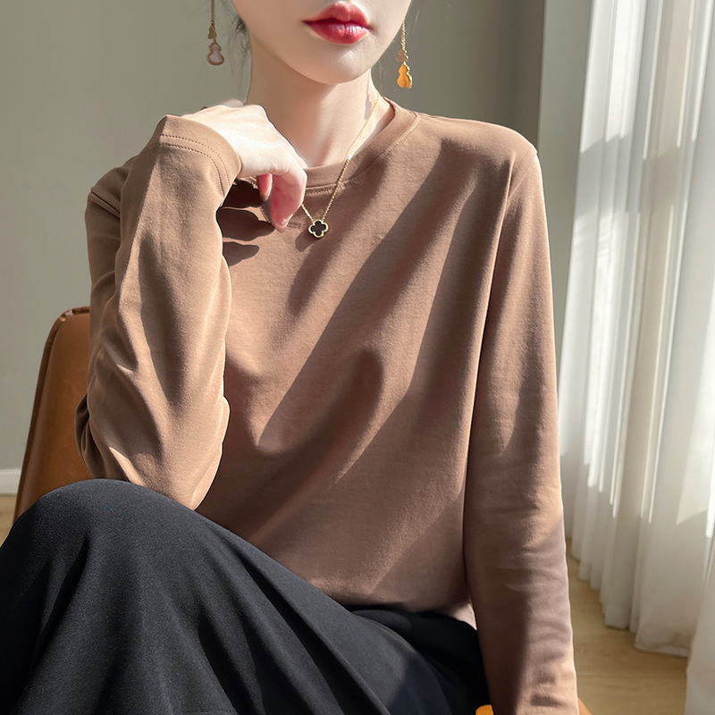 Spring and summer mercerized cotton long-sleeved T-shirt, women's round-neck pullover, pure cotton base layer, loose, casual and versatile top Application Scenario
