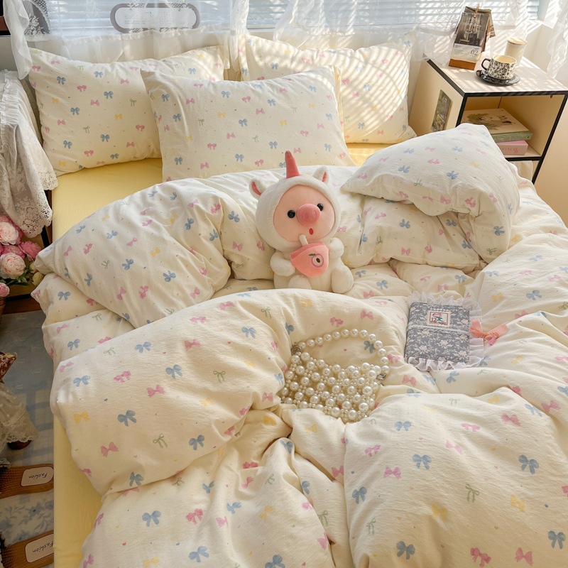 Class A pure cotton baby and mother grade double-layer yarn four-piece set, ins all-cotton bed sheet, quilt cover and quilt cover for sleeping naked, dormitory three-piece set details Picture