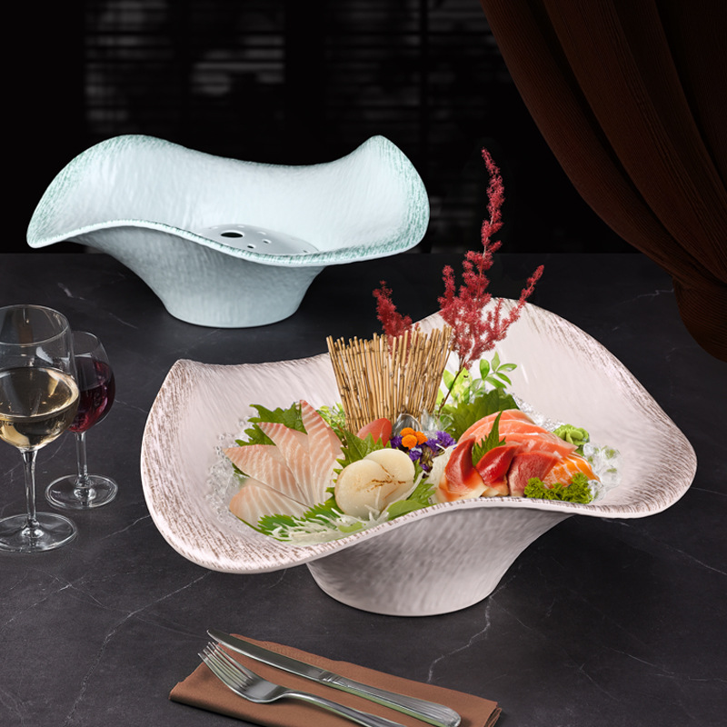 Melamine dry ice plate, hot pot tableware, creative hotel restaurant seafood, high-end oversized salmon sashimi plate Specification image