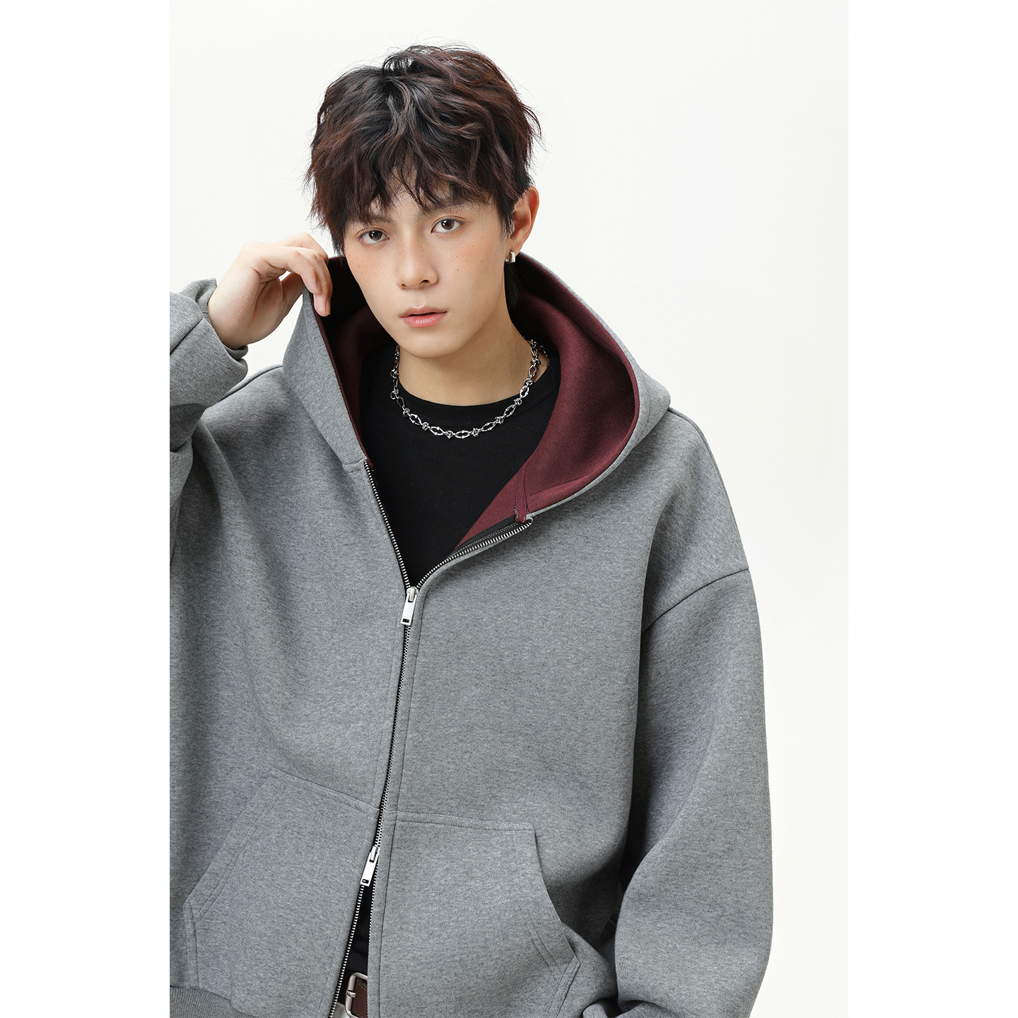 380g重磅美式撞色内里连帽卫衣男秋季款运动帽衫短宽廓形夹克外套