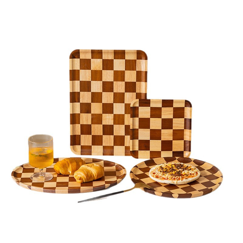 Wholesale of 2025 new checkerboard wooden tray, home light luxury dessert, bread, Western plate, and love wooden tea tray Item Picture