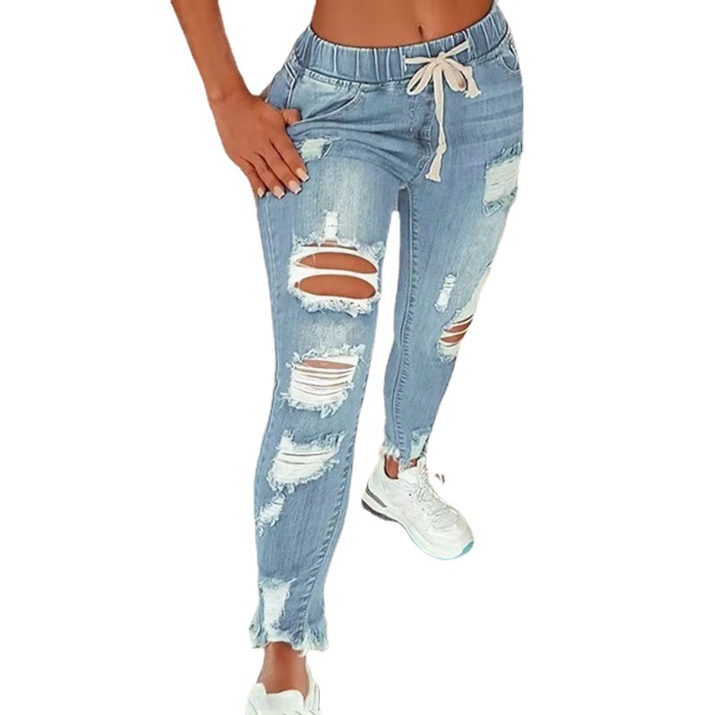 Amazon AliExpress cross-border European and American tight-waisted women's jeans, high-waisted ripped small leg lace-up long pants Item Picture