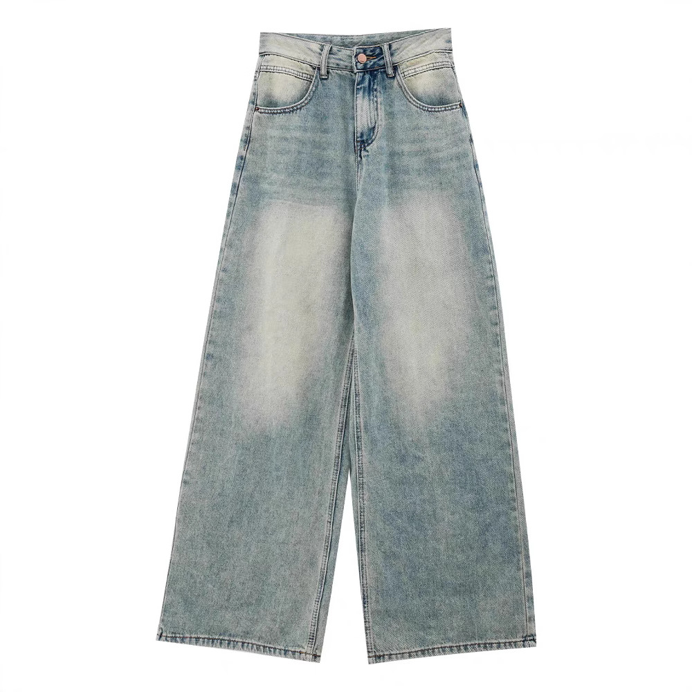 Custom-made retro light-colored straight-leg jeans with a high-waisted, loose design, floor-length wide-leg pants, suitable for all seasons Item Picture