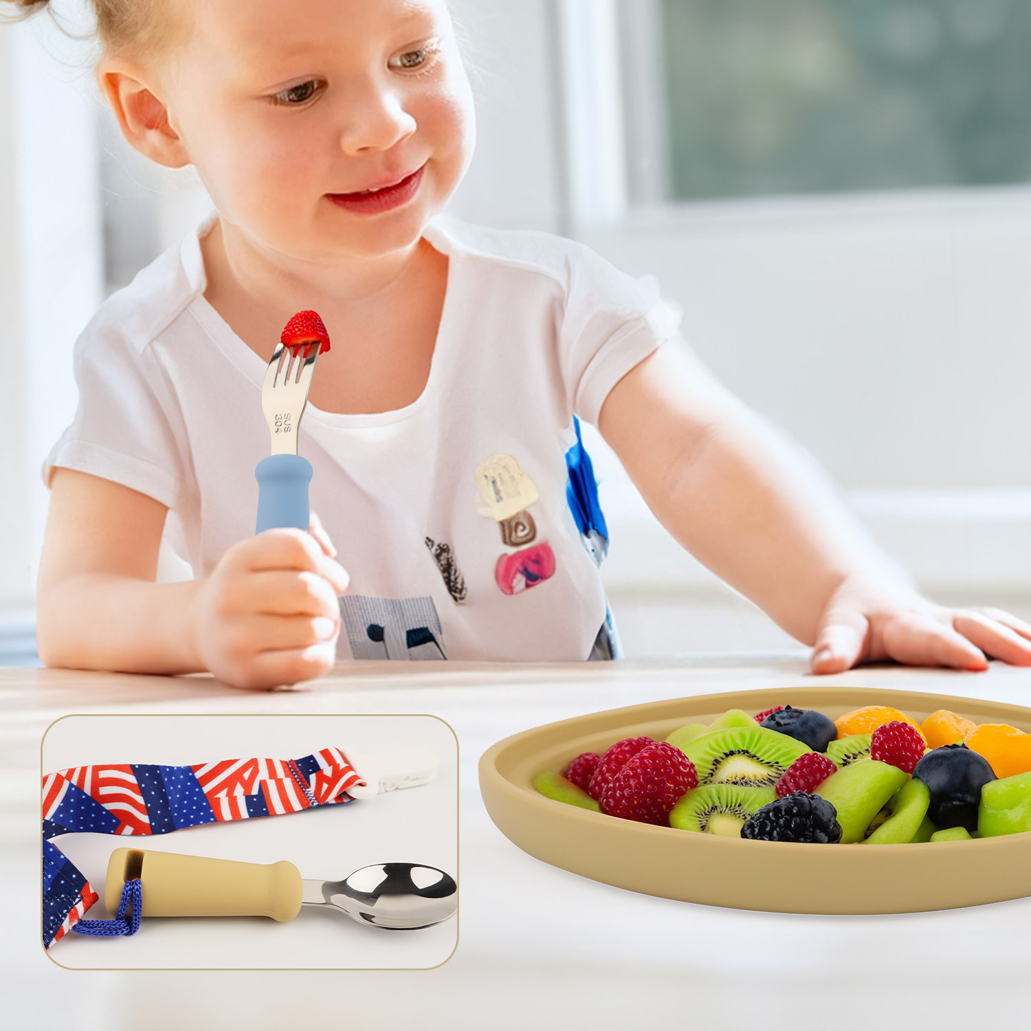 Short-handled stainless steel spoon, children's silicone spoon, creative and simple with holes for hanging hooks, fork, baby training to learn to eat Application Scenario
