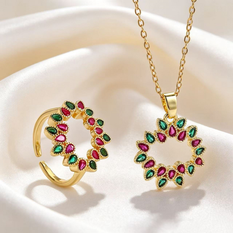 A two-piece set of exquisite zirconium flower wreath necklace and ring from Europe and America, with a light luxury style and versatile collarbone chain accessories details Picture