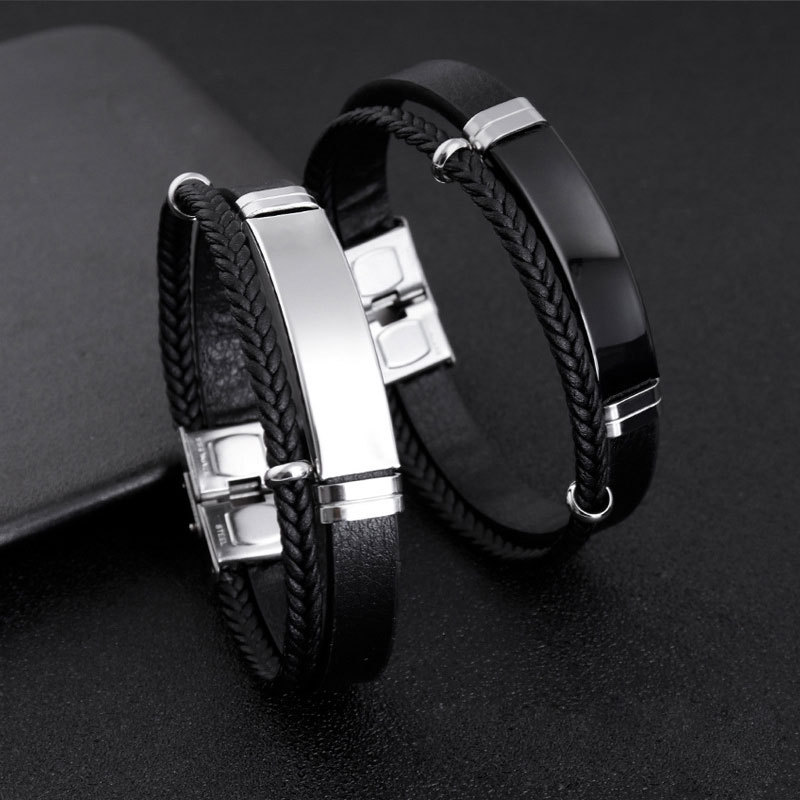 Hip-hop punk style bestseller, double-layer leather bracelet made of twisted fabric in Europe and America, titanium steel bracelet, can be engraved with LOGO details Picture