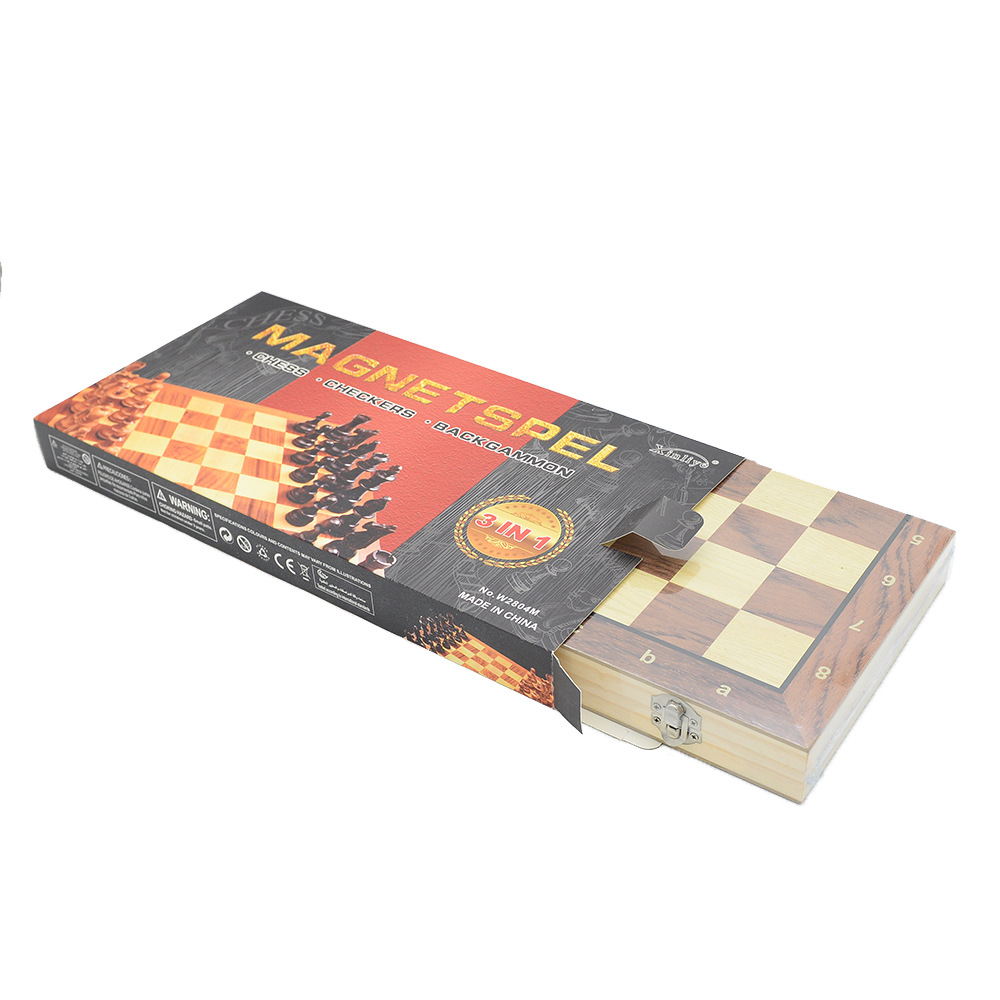 Three-in-one wooden magnetic chess checkers and Western chess foldable board game toy with magnetic attraction Item Picture