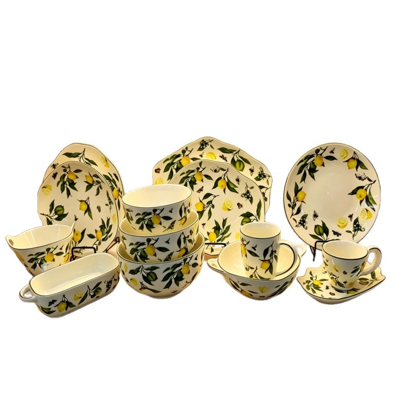 Americano limón green leaf ceramica vajilla set vintage floral plato plato sopa tazas hornear plato de hornear hogar Item Picture