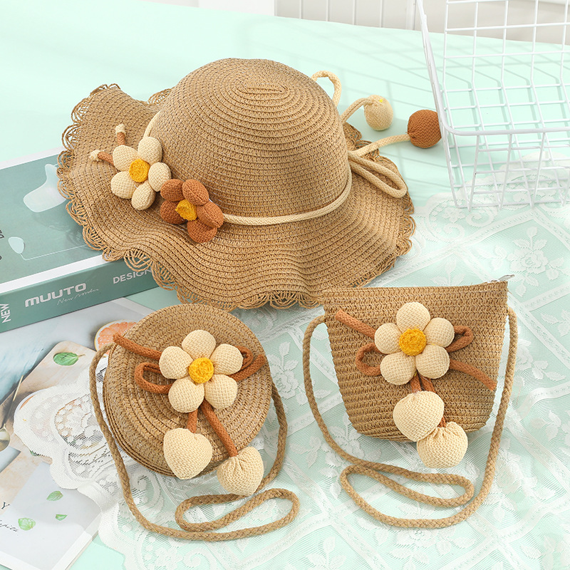 Salida al mar protección solar sombrero bolso de paja bolso tejido mujer cute 2025 nuevo verano niños crossbody bolso tejido Specification image