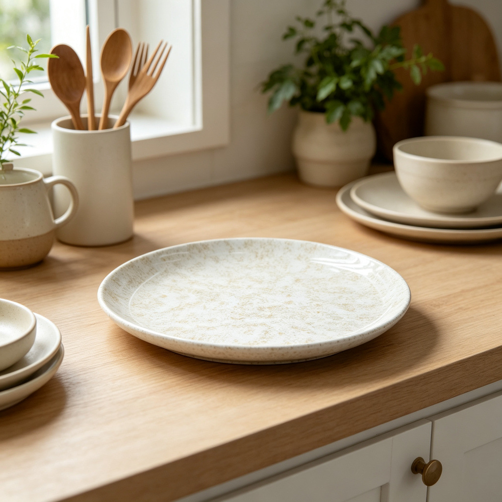 Direct sales from an export-oriented manufacturer of light brown textured melamine dinner plates in commercial stock. Durable and wear-resistant round melamine products